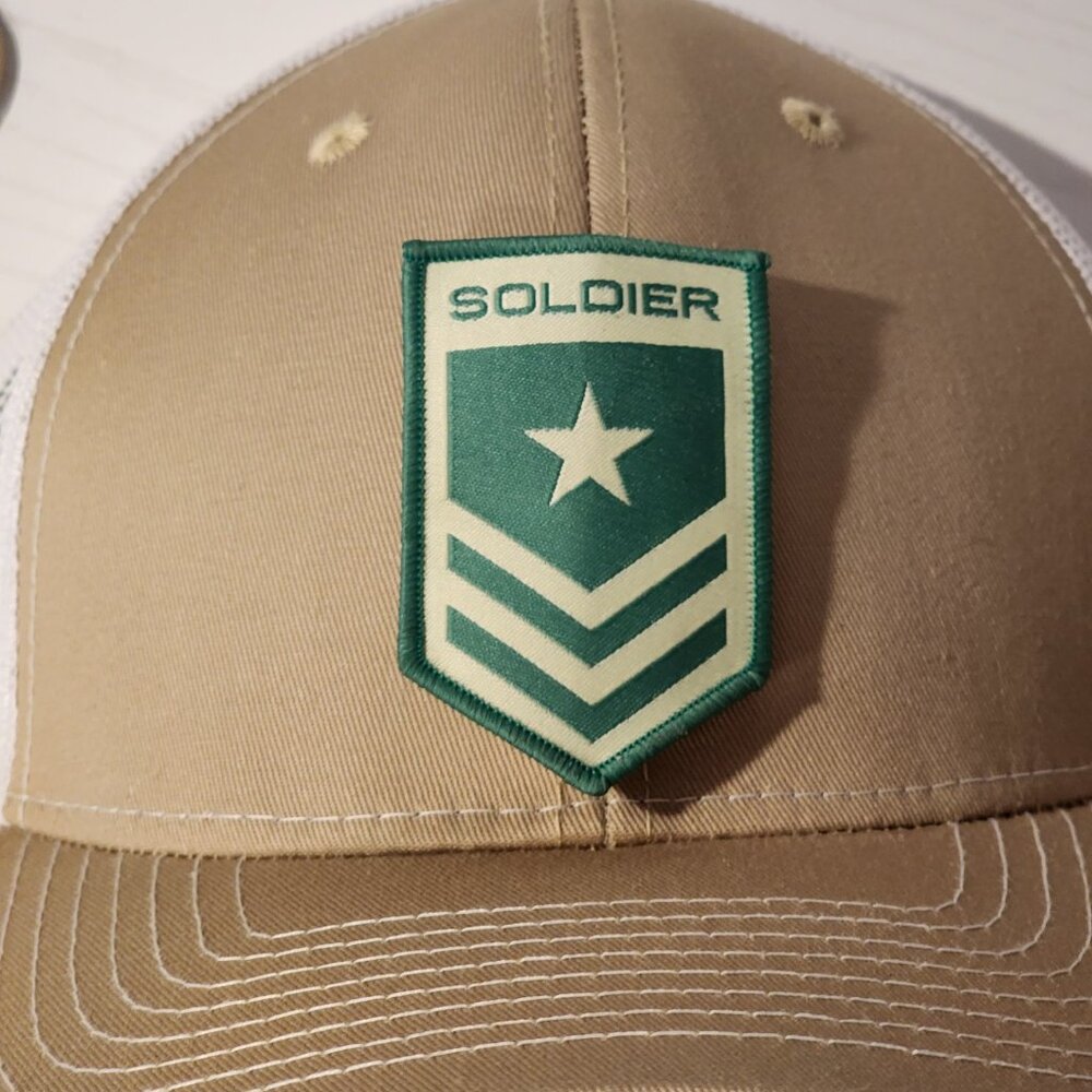 SOLDIER Khaki/White Mesh Snapback Trucker Hat.